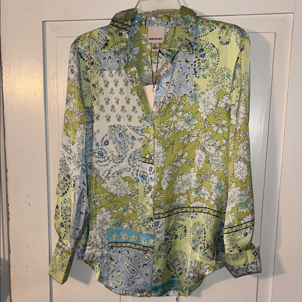Women’s Long Sleeve Top Patchwork Blue/Green Medium Paisley Floral Office Career